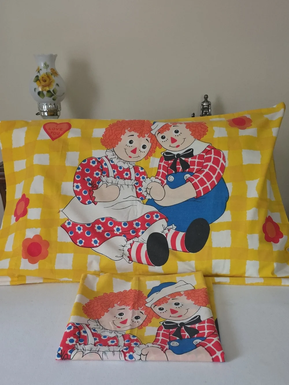 1970s Vintage Yellow Raggedy Dolls Ann and Andy Pillowcase Set Bedding Wasutta